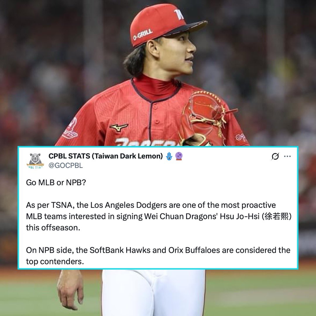 Hsu Jo-Hsi is one of the top pitchers in Taiwan right now and is set to choose between continuing his baseball career in MLB or NPB.

Should he choose MLB, the Dodgers are reportedly interested in signing him 👀