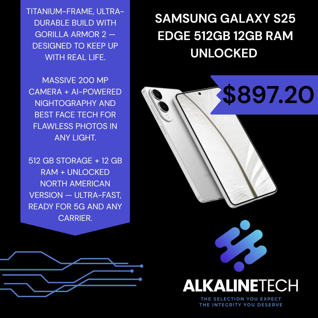 Meet the Samsung Galaxy S25 Edge — 512GB + 12GB RAM, Unlocked, now just $297.22 🔥.
Built with a titanium frame 🛡️ and Gorilla Armor 2, it’s engineered for real-life durability while delivering ultra-fast performance ⚡. Capture every moment in stunning clarity with the 200MP