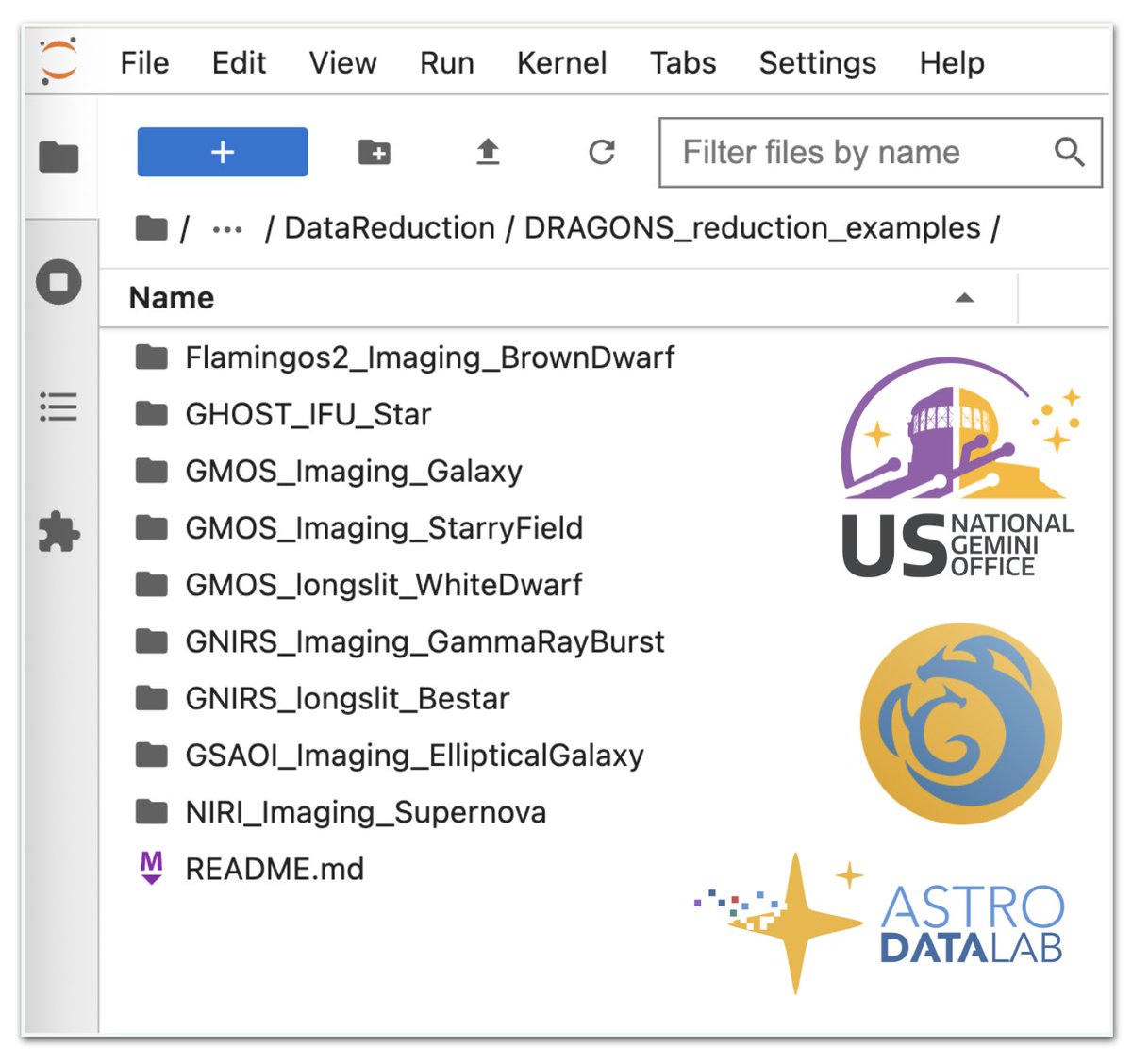 usngo's tweet image. Did you know that Astro Data Lab hosts ready-to-use Jupyter notebooks for @GeminiObs data reduction with DRAGONS? Launch a notebook in Astro Data Lab, access the latest tutorials, and reduce your data directly in the cloud! Find them on 04_HowTos/DataReduction. @NOIRLabScience