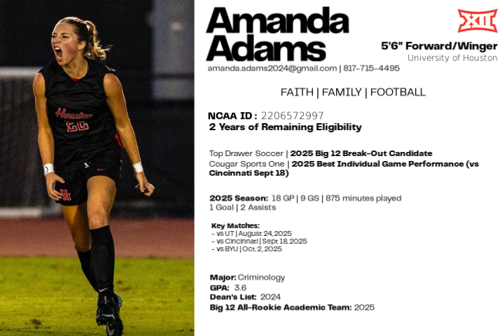 AmandaAdams2024's tweet photo. Highlights from my freshman and sophomore seasons at UoH.  https://t.co/zH6FbEzQuo

❤️⚽️Excited for what lies ahead! ⚽️❤️

@ImCollegeSoccer
@ImYouthSoccer
@TopDrawerSoccer
@PrepSoccer
@SSN_NCAASoccer
@Sidelines_SN https://t.co/xBIgg62zc0