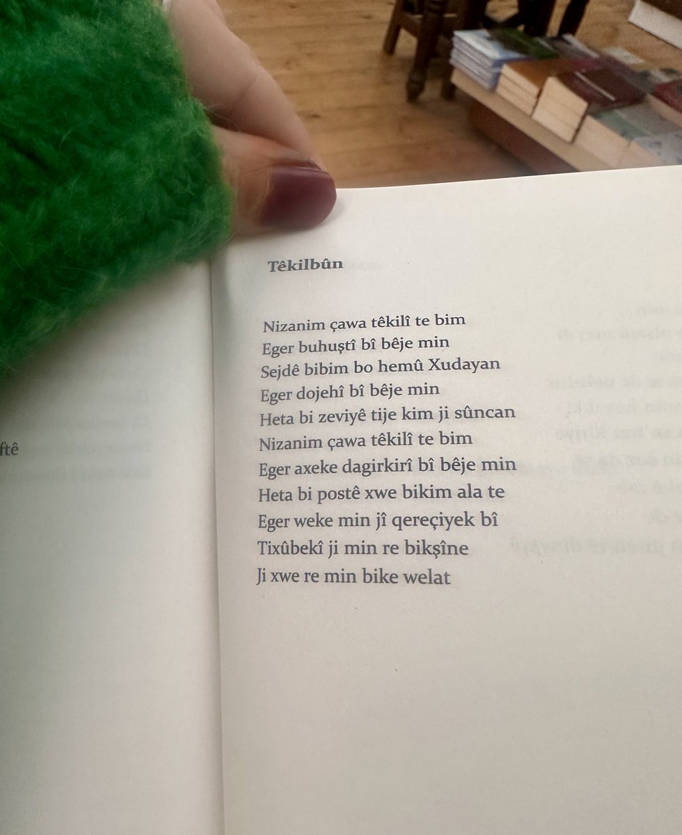 “Nizanim çawa têkilî te bim
Eger bihûştî bî bêje min
Sejdê bibim bo hemû xudayan “