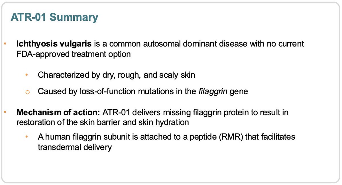 More about ATR-01 - A topical filaggrin protein for ichthyosis vulgaris

ATR-01 delivers missing filaggrin protein to result in restoration of the skin barrier and skin hydration

More info here: azitrainc.com/pipeline/#ATR-…