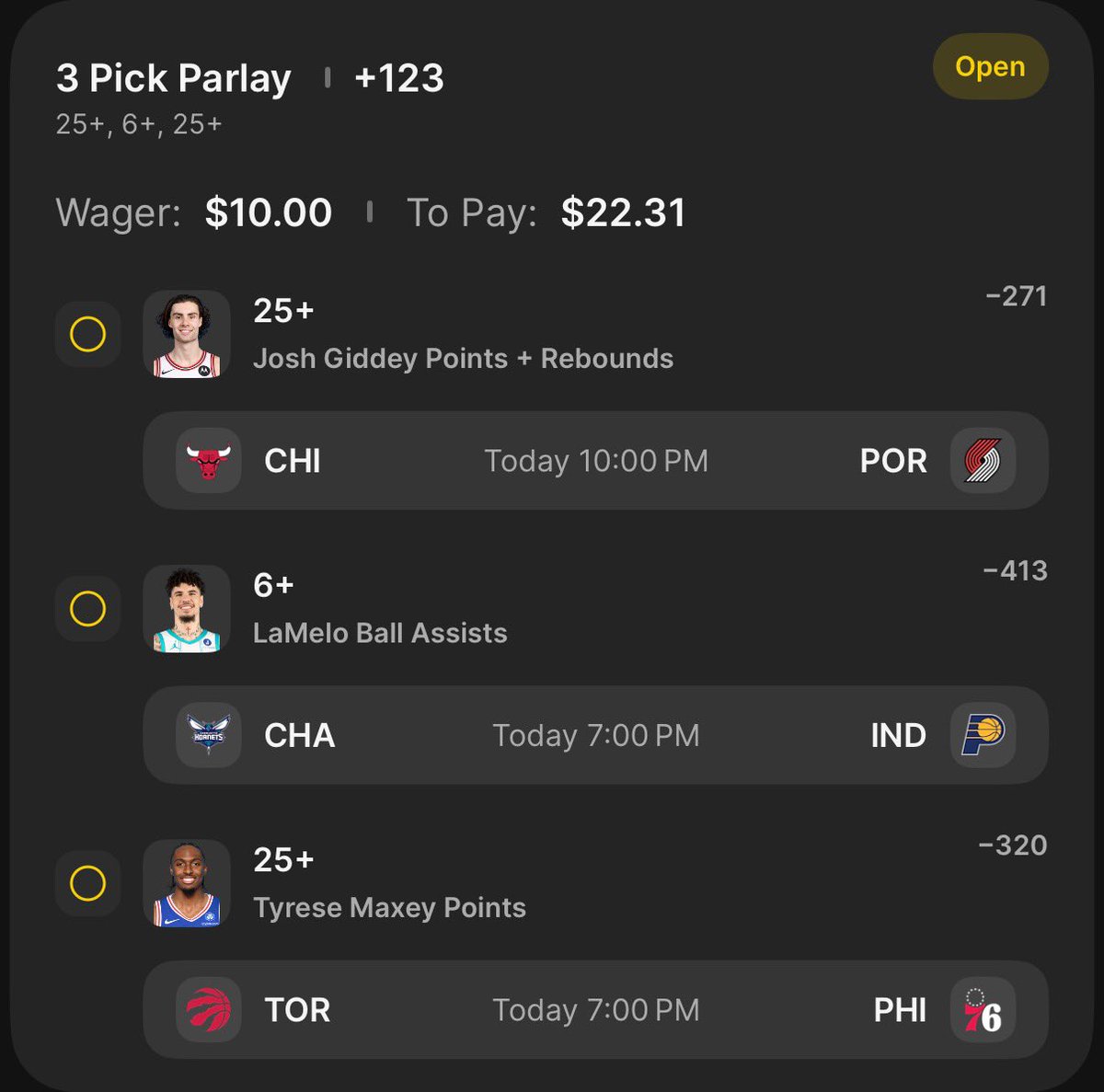 DataWagers_'s tweet image. 🪜NBA Ladder🪜 

Let’s turn $10 into $300 with just 5 bets!

Bet #1: $10 ➡️ $22.31

👉 Josh Giddey 25+ points and rebounds
👉 LaMelo Ball 6+ assists
👉 Tyrese Maxey 25+ points

+123 odds on @DKSportsbook 

#GamblingX #ladderbet #NBA