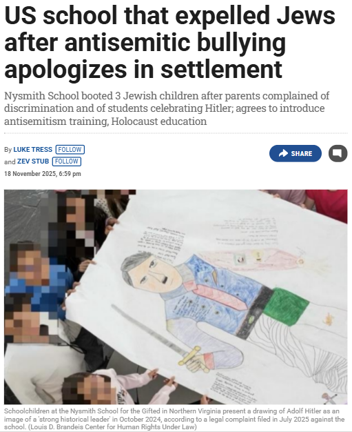 JewsFightBack's tweet image. 🚨 ABSOLUTELY VILE
Nysmith School in Virginia expelled three Jewish kids after their parents reported antisemitic abuse.
This “elite” school let students build a giant tribute to Adolf Hitler in class.

Jewish children were called “baby killers,” told they “deserved to die,” and…