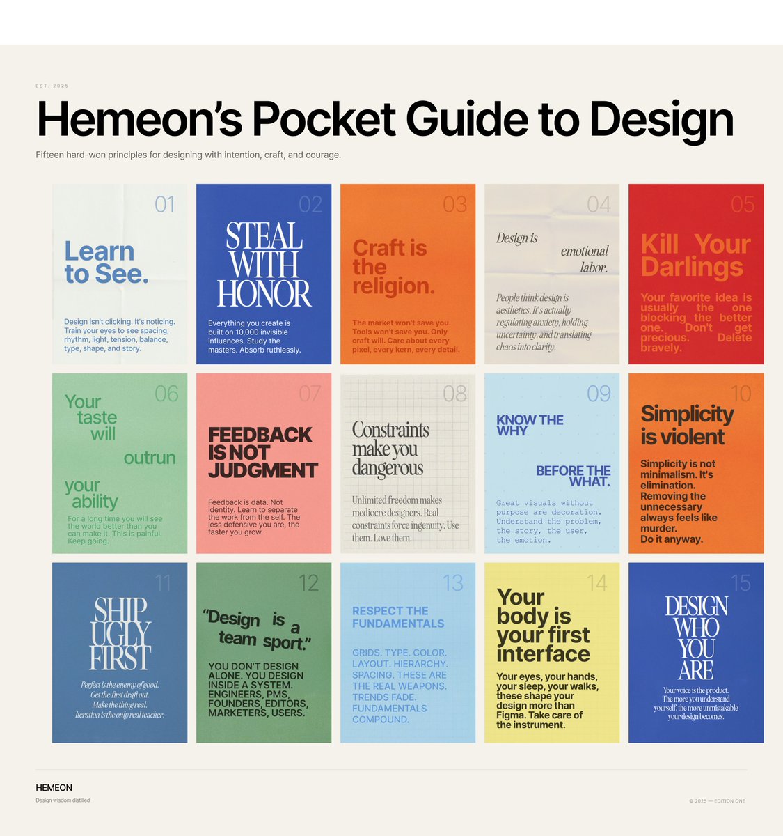 hemeon's tweet image. I put together 15 principles of what I think it means to be a great designer. 

I wanted to summarize 30 years of hard earned lessons and share them with you. 

Text version in the comments.
