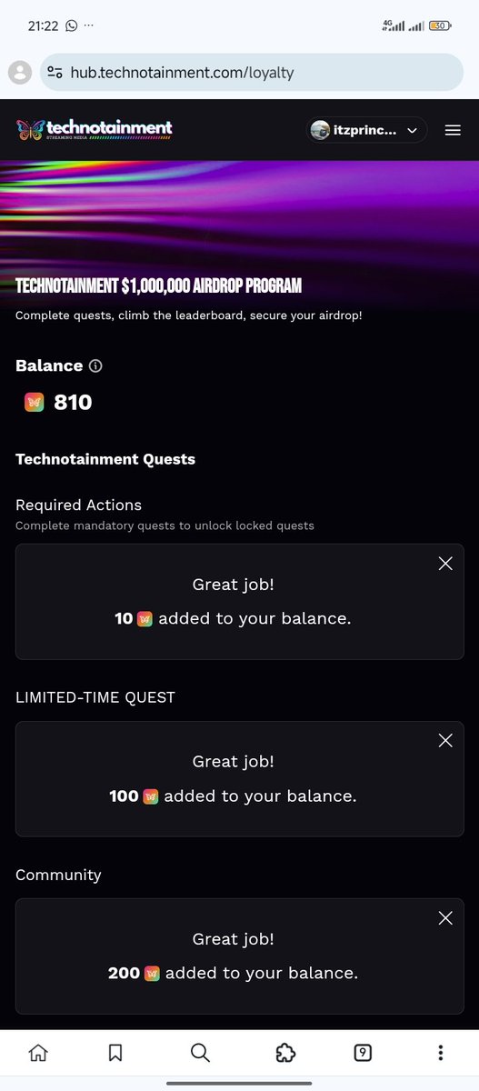 itzprinceshadex's tweet image. I’m inside the @_technotainment loyalty hub stacking quests — 810 points so far.
Feels crazy being early to a platform where viewers don’t just watch
They earn, vote, own, and literally shape the shows. Who else is building their mindshare before the airdrop window gets crowded?