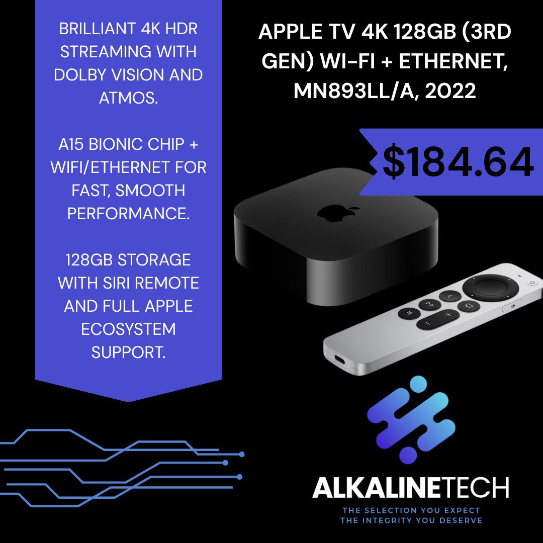 Upgrade your home setup with the Apple TV 4K (3rd Gen) 128GB - now just $184.64 at Alkaline Tech.

Enjoy stunning 4K HDR, ultra-smooth performance from the A15 Bionic chip, and seamless control with the Siri Remote. Perfect for movie nights, gaming, and every binge session.

Shop