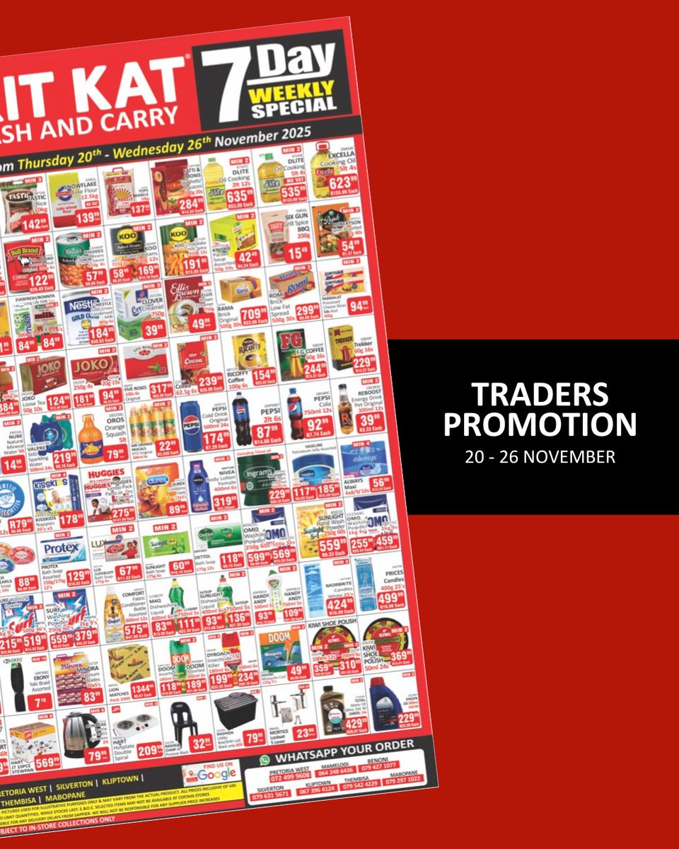 KitKatGroupSA's tweet image. One week, endless opportunities! Shop the 7 Day Trader Promo at Kit Kat Cash &amp;amp; Carry and fill your shelves with all the essentials your business needs.

Valid at Pretoria West, Silverton, Kliptown, Benoni, Mamelodi Thembisa &amp;amp; Mabopane
T’s &amp;amp; C’s Apply