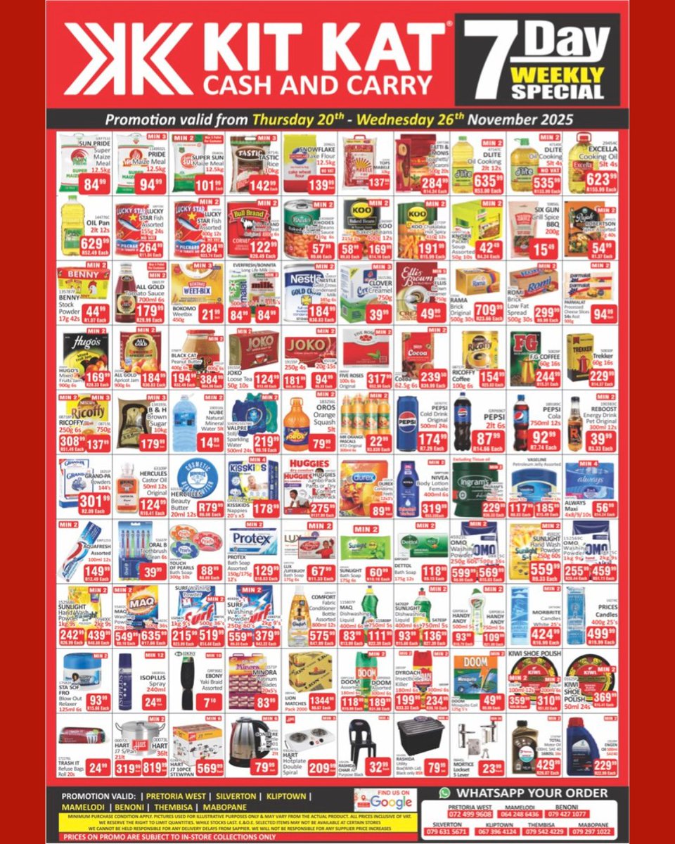 KitKatGroupSA's tweet image. One week, endless opportunities! Shop the 7 Day Trader Promo at Kit Kat Cash &amp;amp; Carry and fill your shelves with all the essentials your business needs.

Valid at Pretoria West, Silverton, Kliptown, Benoni, Mamelodi Thembisa &amp;amp; Mabopane
T’s &amp;amp; C’s Apply