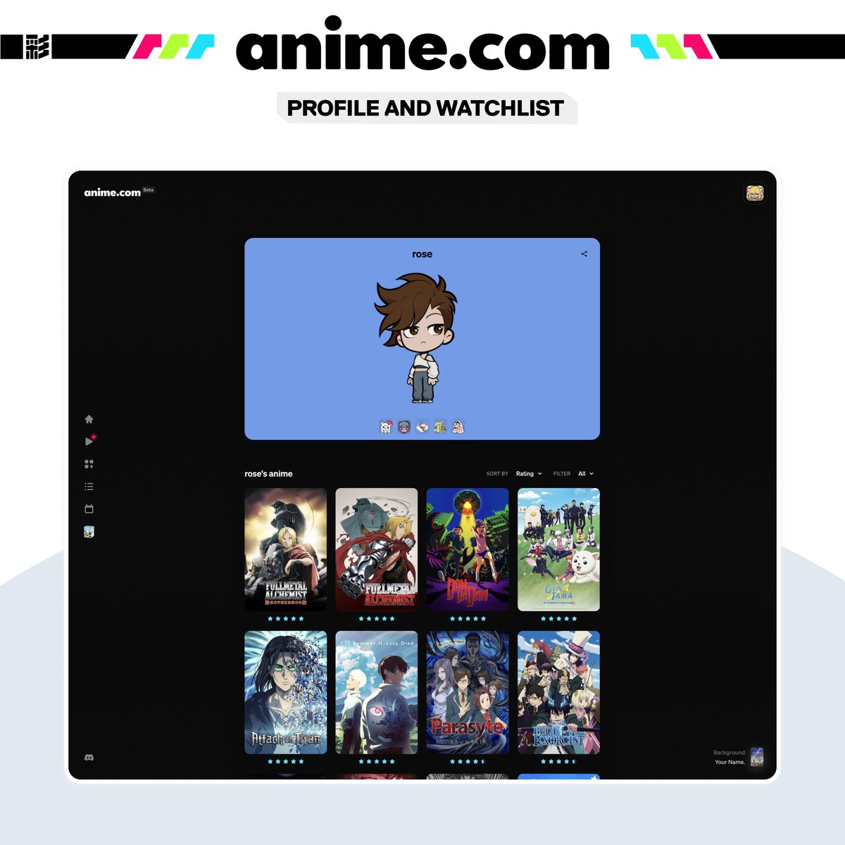 animecom's tweet image. Introducing Profiles on Anime.​com 🎉

✍️ Track what you&apos;re watching, planning, or finished
⭐ Rate anime from 1 to 5
👤 Build a custom avatar
📊 Create tier lists to share your rankings

Get started: anime.com/signup