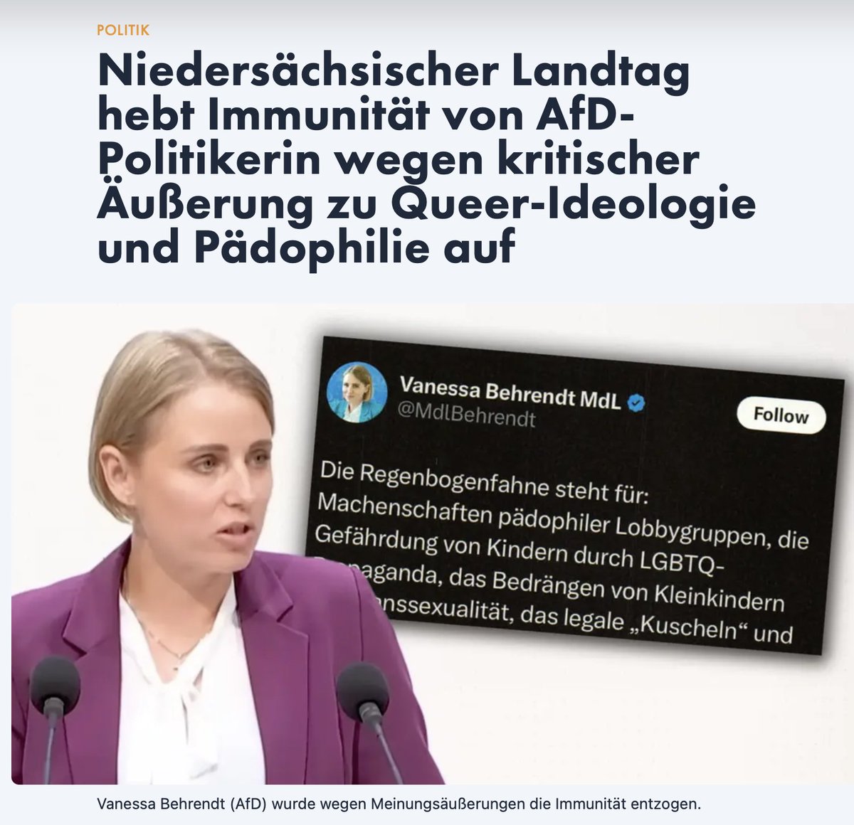 Uneingeschränkte Solidarität mit Vanessa Behrendt:
Eine Frau, die verfolgt wird, weil sie den Mut hat, das Unsagbare auszusprechen: dass Kinder Schutz brauchen – nicht Schweigen. Während Behörden und Landtag in Niedersachsen ihr in schäbigster Manier zusetzen, steht sie