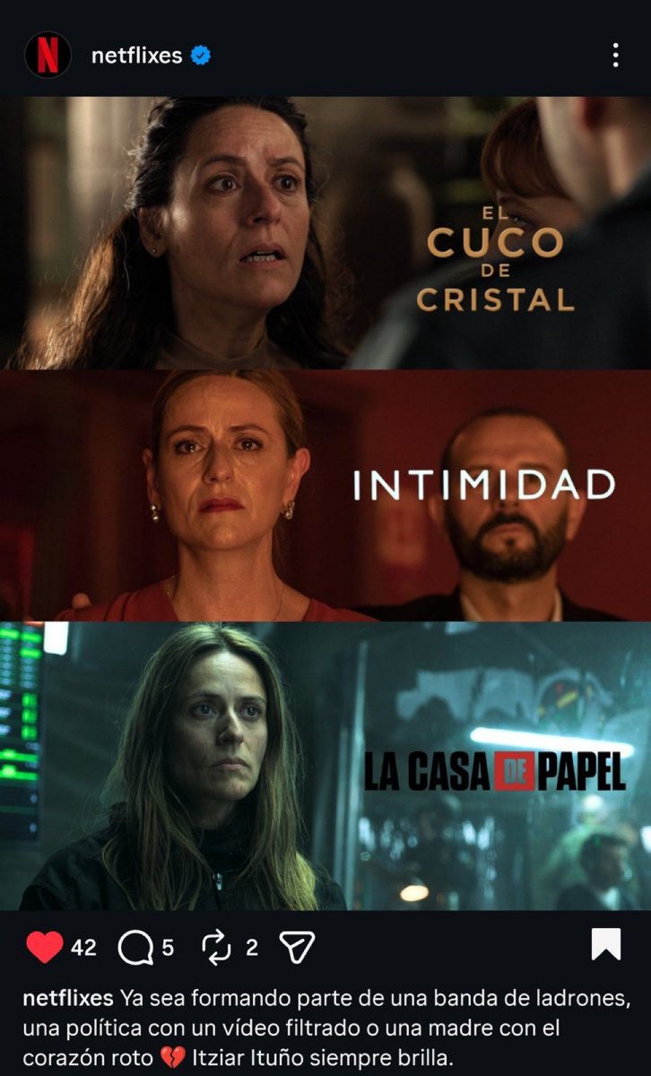 Que una plataforma como Netflix apoye a Itziar Ituño de una manera tan pública, con un post dedicado a ella y ofreciéndole la posibilidad de hacer trabajos tan increíbles después del boicot y la cancelación de la España rancia, me hace tener un poco de esperanza. ❤️✨