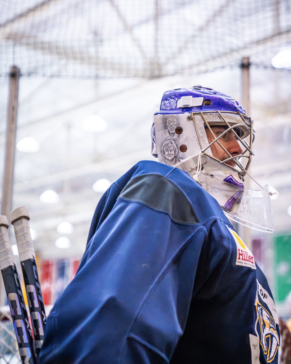 PredsNHL's tweet image. Bigger than sports 💜

Juice debuts an extra-special Hockey Fights Cancer mask, honoring four members of our organization affected by cancer:

Craig “Partner” Baugh
Sheila Crisp
Lexi Rogers
Erin Daunic
