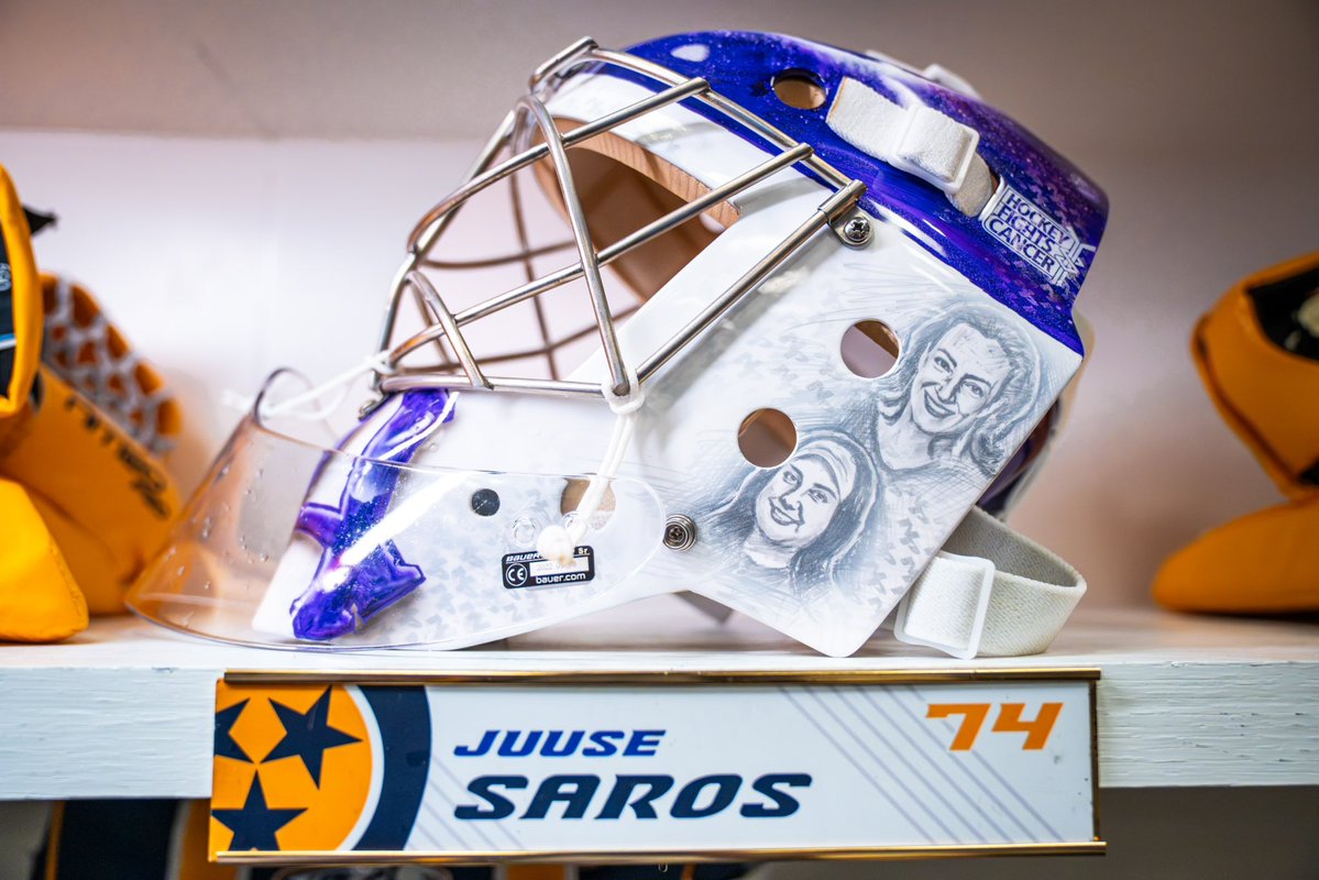 PredsNHL's tweet image. Bigger than sports 💜

Juice debuts an extra-special Hockey Fights Cancer mask, honoring four members of our organization affected by cancer:

Craig “Partner” Baugh
Sheila Crisp
Lexi Rogers
Erin Daunic