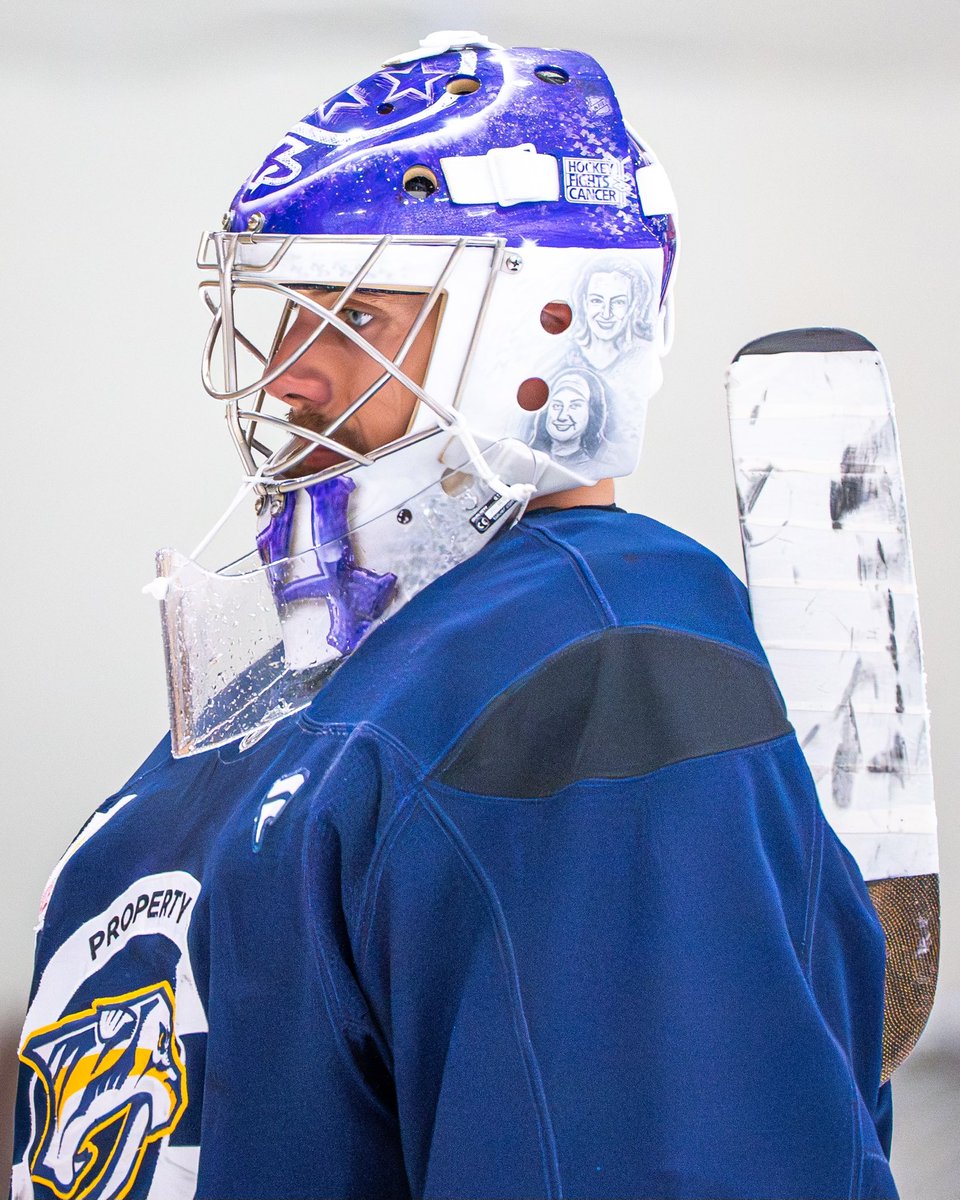 PredsNHL's tweet image. Bigger than sports 💜

Juice debuts an extra-special Hockey Fights Cancer mask, honoring four members of our organization affected by cancer:

Craig “Partner” Baugh
Sheila Crisp
Lexi Rogers
Erin Daunic
