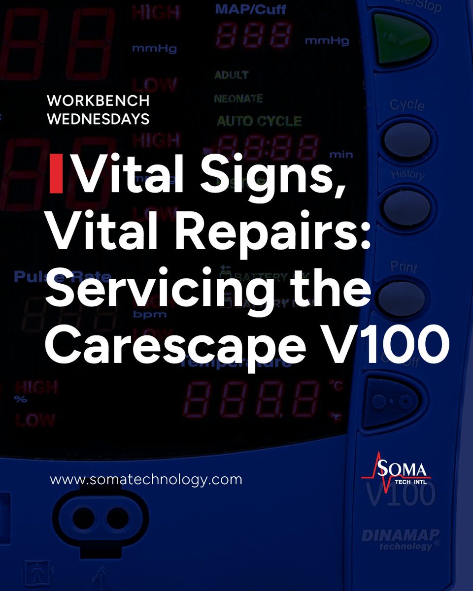 somatechintl's tweet image. Today on the workbench, we have a GE Carescape V100, a reliable vital signs monitor.

Our common repairs:
💨 NIBP pneumatic assembly replacement
🔋Battery replacement
🖥️ Screen and keypad replacement

#BiomedicalEngineering #MedicalEquipment #VitalSignsMonitor #GECarescape