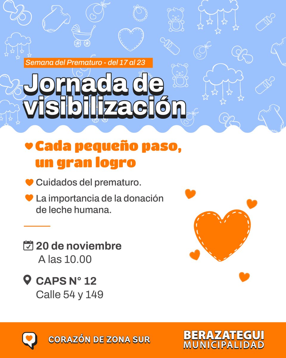 MuniBerazategui's tweet image. Semana del Prematuro: Jornada de Visibilización
Se brindará asesoramiento sobre: 
🧡 Cuidados del prematuro 
🧡 La importancia de la donación de leche humana

🗓️ Mañana (jueves 20/11), a las 10.00
📍CAPS N° 12 (calle 54 y 149).

#Berazategui #BerazateguiCorazónDeZonaSur