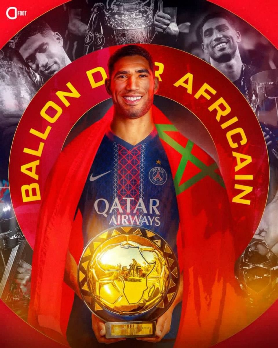 ALDAHYASPORT's tweet photo. 🌟أشرف حكيمي لاعب المنتخب المغربي ونادي باريس سان جيرمان الفرنسي يفوز بجائزة أفضل لاعب إفريقي لـعام 2025م.
#أشرف_حكيمي https://t.co/amd8tjG6C8