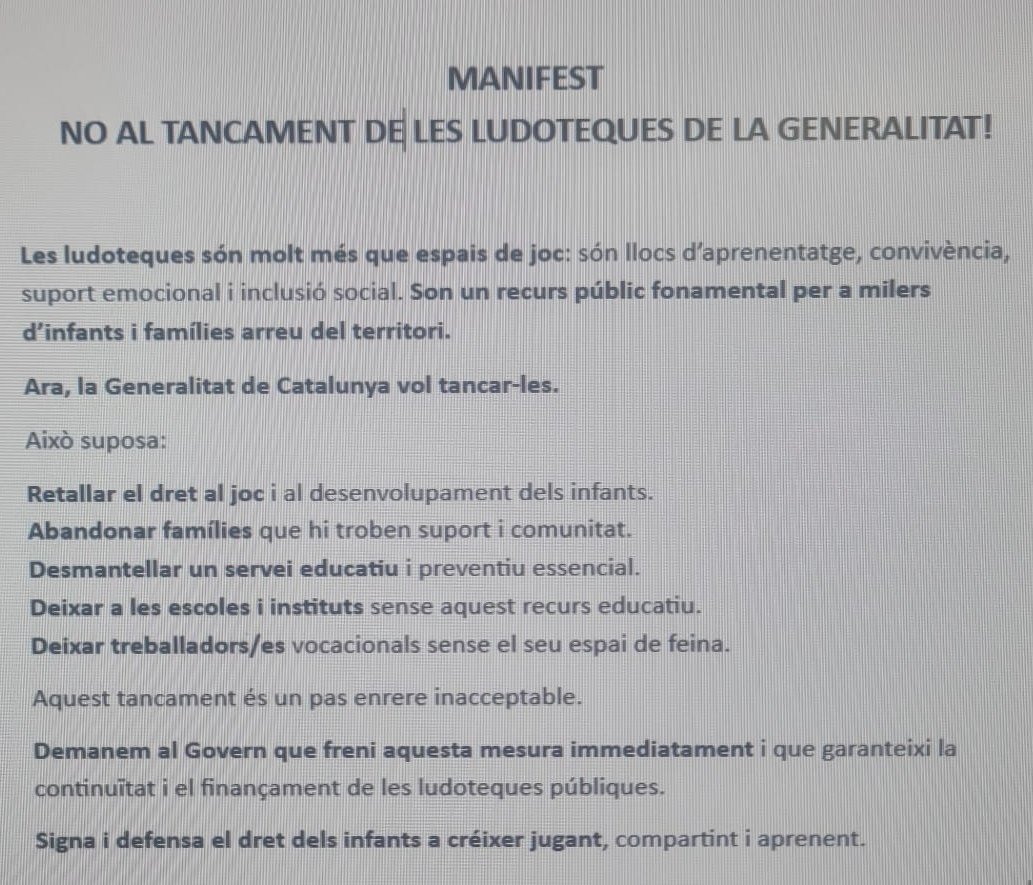 FarreNogue's tweet photo. @SEGREcom
Demà , Dia Internacional dels Drets dels Infants, es regsitraran prop de 1000 signatures contra el tancament de les Ludoteques de la Generalitat @governcat, que retallen el dret de l'infant al joc. #famíliesmobilitzades #JugarésunDret  #salvemlesludoteques https://t.co/R5pUsWjYip