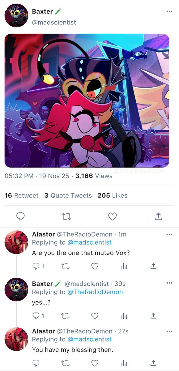 rumpleholmes's tweet image. Alastor’s blessing ❤️

#HazbinHotel #Niffty #Baxter #MadMaid