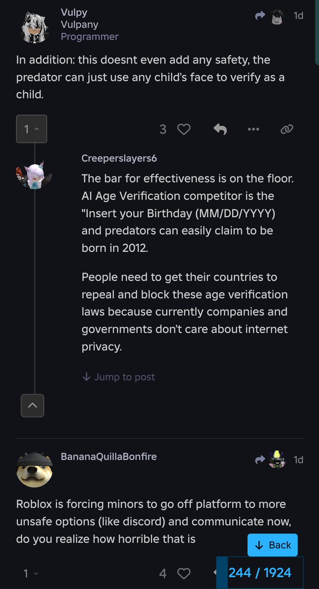 Xane_MMA's tweet image. This change could make the predator issue WORSE, as some #DevForum users have pointed out!

Since each age group can only view chats by players in similar ages, if an adult verified a “kid&apos;s account”, they could do anything without other adults or older teens reporting them.