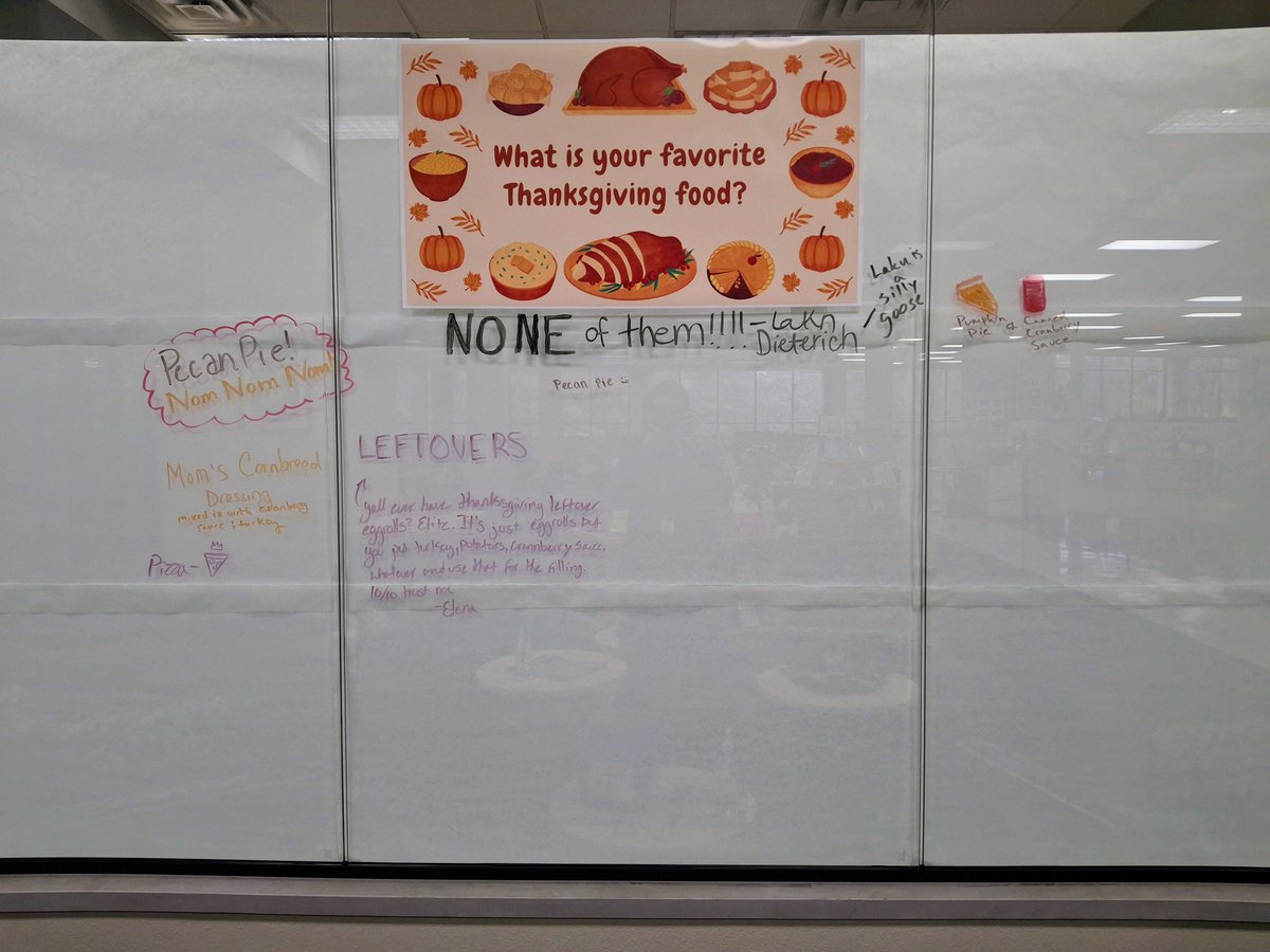 MCC_Lib's tweet image. Our next #WhiteboardWednesday is up and generating great responses! What&apos;s YOUR favorite Thanksgiving food? Click or swipe to see the responses from last week&apos;s prompt! New prompts each Wednesday.
#MCCLibWaco #MCCLearningCommons #mclennancommunitycollege #thankful #Thanksgiving