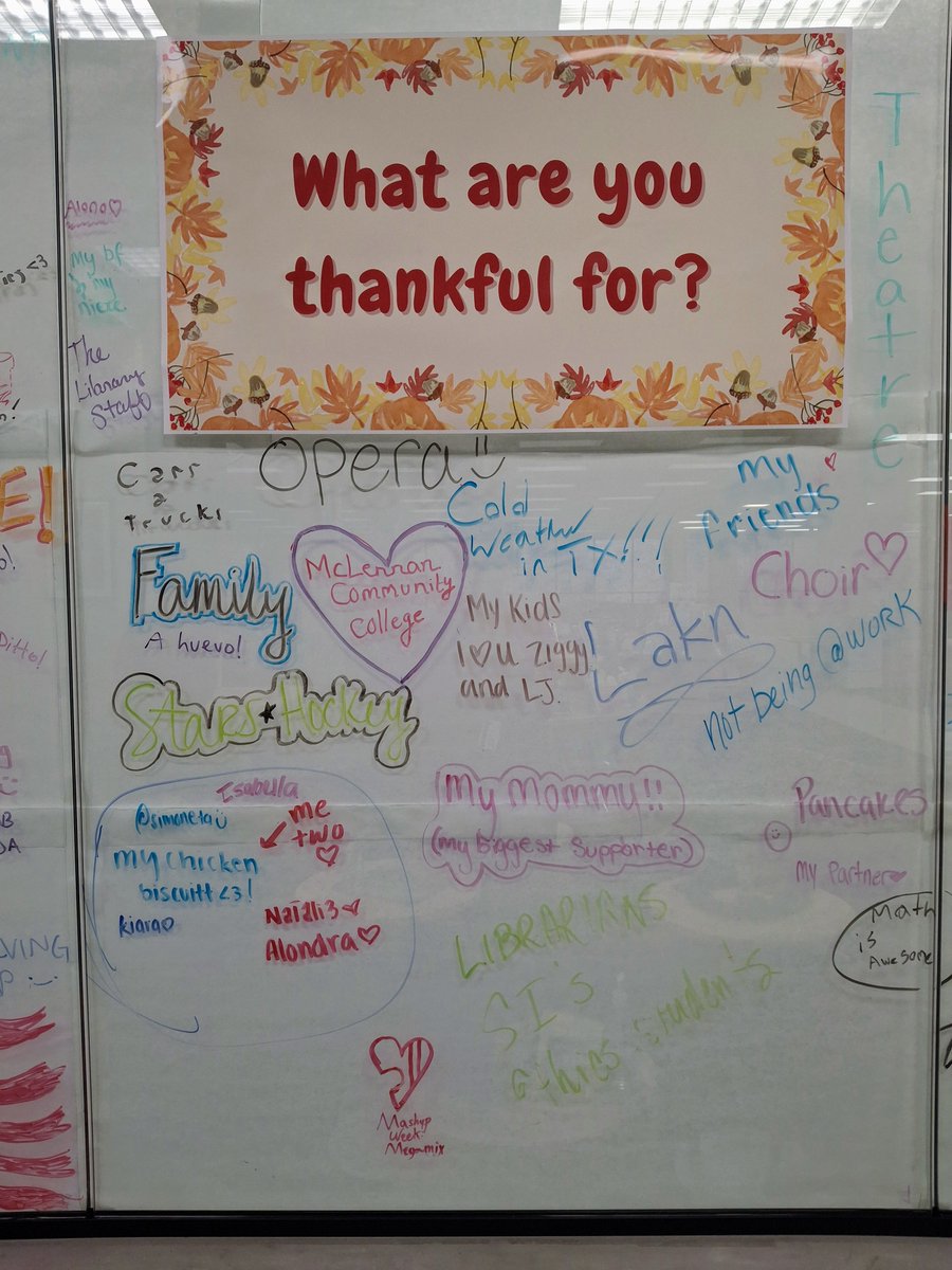 MCC_Lib's tweet image. Our next #WhiteboardWednesday is up and generating great responses! What&apos;s YOUR favorite Thanksgiving food? Click or swipe to see the responses from last week&apos;s prompt! New prompts each Wednesday.
#MCCLibWaco #MCCLearningCommons #mclennancommunitycollege #thankful #Thanksgiving