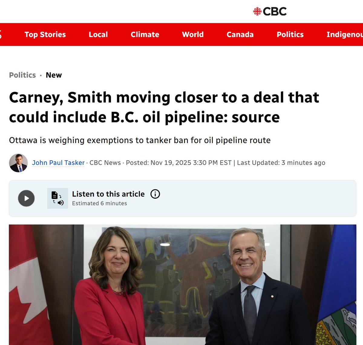 cbcwatcher's tweet image. Why should it be up to Alberta to negotiate with BC? 

&quot;Prime Minister Mark Carney and Alberta Premier Danielle Smith are moving closer to reaching a deal on the future of Alberta&apos;s energy sector, according to a senior government official, and it&apos;s likely to include some language…