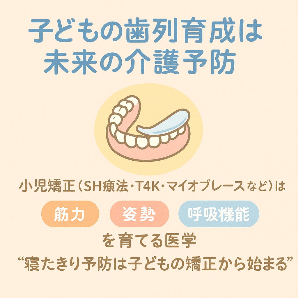 D20045788's tweet photo. 第8回：子どもの歯列育成は未来の介護予防

小児矯正（SH療法・T4K・マイオブレースなど）は
「将来の筋力・姿勢・呼吸機能」を育てる医学。

“寝たきり予防は子どもの矯正から始まる”。

#小児矯正歯科 #予防矯正歯科 #歯育て #SH療法 #T4k #マイオブレース #プレオルソ #MFT #こどもと女性の矯正歯科 https://t.co/jqoeAXB2Ha