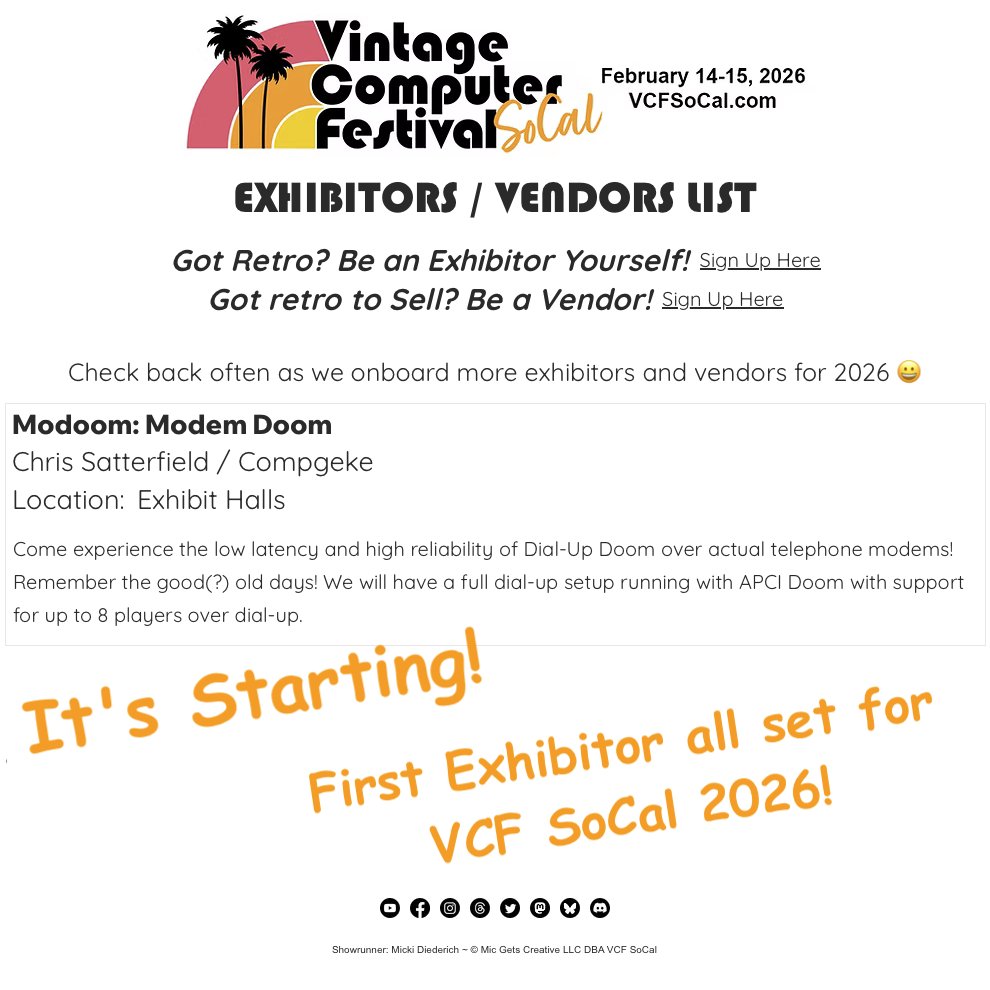 VCFSoCal's tweet image. We have our First Exhibitor of 2026 - Thanks Chris! We&apos;ll have more posted shortly. Exhibitor, Vendor &amp;amp; Speaker Sign-ups Are Open...
vcfsocal.com/exhibitors

#VCFSoCal #VCF #Festivals #VintageComputing #RetroComputers #RetroGaming #FUN