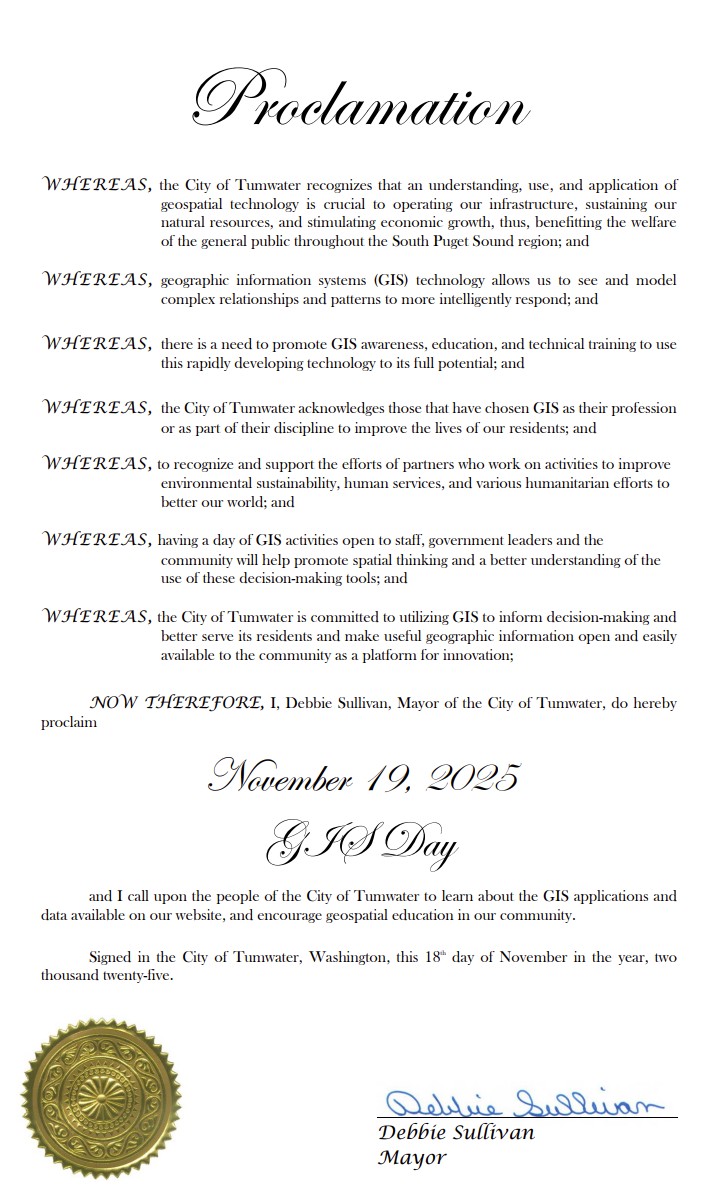 Please visit Tumwater City Council Chambers today from 4-6 p.m. for the GIS Day 2025 mapping event of the year :-)