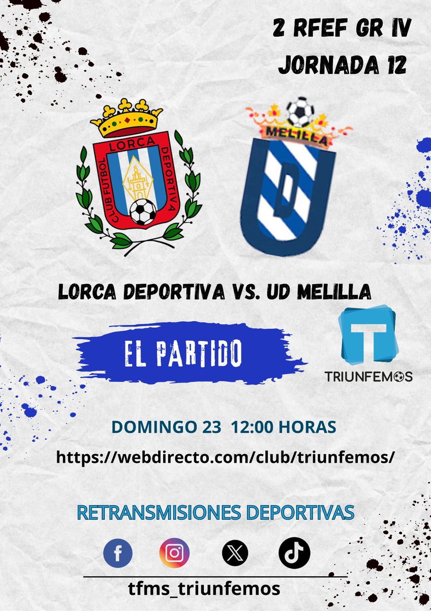 tfms_triunfemos's tweet image. PARTIDO DE TRIUNFEMOS  

2 FEDERACION GRUPO IV 
JORNADA 12

⚽️ @lorcadeportiva 🆚 @UDMelilla 
🗓️ Domingo 23 Noviembre 
⏰ 12:00 horas 
🏟️ Artés Carrasco
📺 Triunfemos 
Enlace: 👇👇👇👇

webdirecto.com/club/triunfemo…

#LorcaMelilla