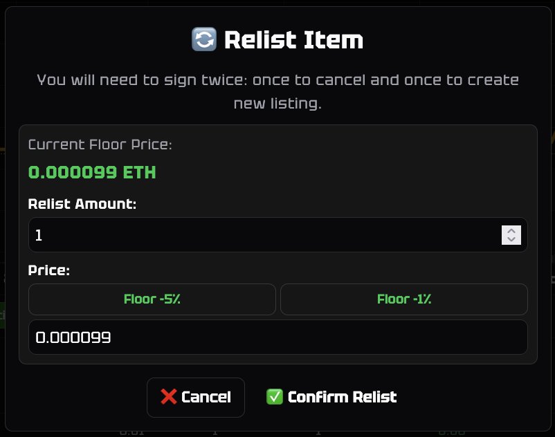 Juiced_sh's tweet photo. 🔸Re-Listing: cancel and re-list an item from one place, with adjustable amount and price
🔸Batch Cancel: cancels all active listings in a single transaction 
🔸Unpublished Listing Price Controls: allows price changes on unpub. listings without publish → cancel → re-list cycle https://t.co/TRImDNZQ9J