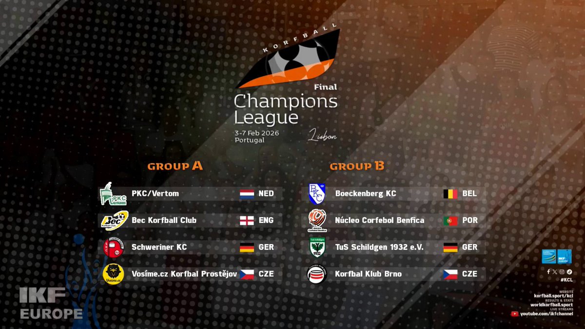 korfball's tweet image. This evening&apos;s Live Draws defined the 1st stage for this season&apos;s exciting IKF #Korfball Champions League Final, to be played from 3 to 7 February 2026 in Lisbon, POR. 🇵🇹 #GoodLuck ⚡️ #KCL @IKFeurope #korfbal

📺 youtu.be/V9M31VKEdno
📰 More info: korfball.sport/?p=42273