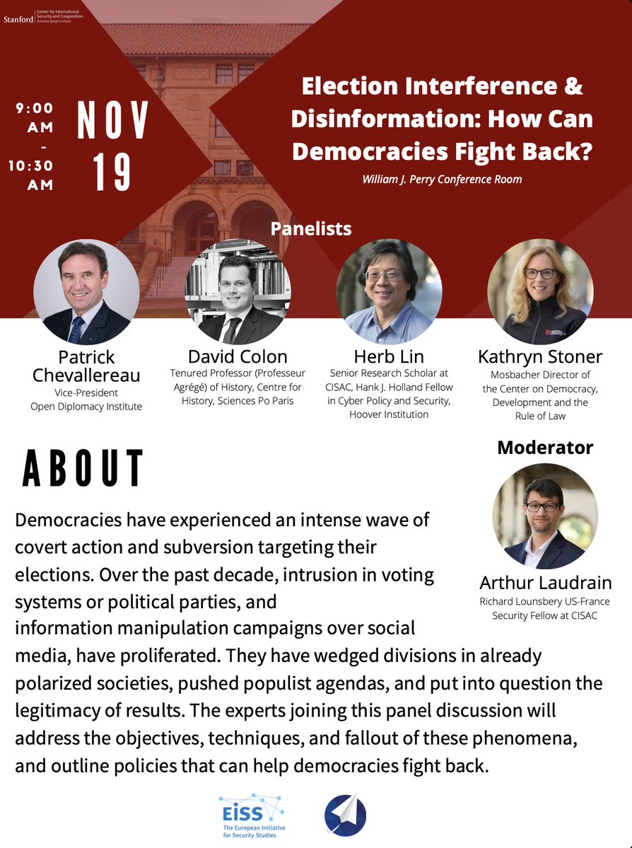APB_Laudrain's tweet image. Thank you to everyone who joined us today, online and at @StanfordCISAC, for our panel on #ElectionInterference and #Disinformation. 

This special event was made possible by CISAC in partnership with the @EISSnetwork and @opendiplo.