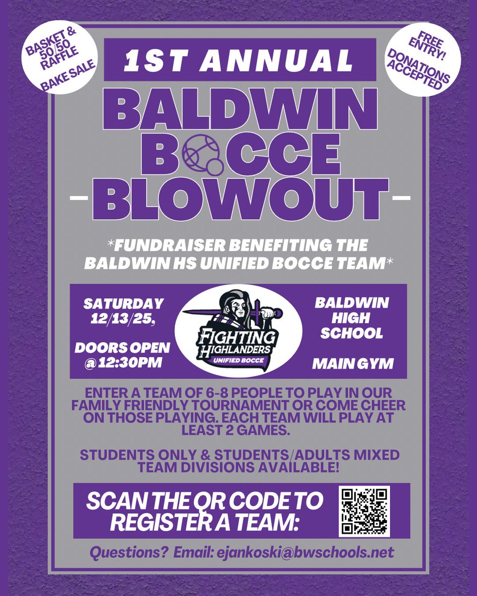 bhsolympics's tweet image. Announcing📣 our 1st Annual Baldwin Bocce Blowout! 

Enter a team of up to 8 people &amp;amp; show off your bocce skills or come cheer on family &amp;amp; friends! Entry to play or attend is FREE!

🗓️ Saturday, 12/13/25
📍Baldwin HS Main Gym
⏰ Doors open at 12:30pm

@BHSActivities @BHS_APs