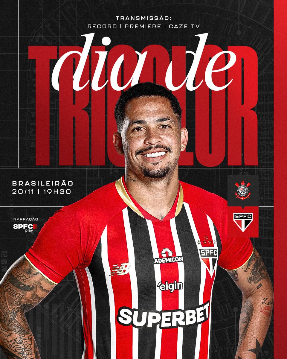 Hoje tem Majestoso! É #DiaDeTricolor! 

⚽️ Corinthians x São Paulo  
🏟️ Neo Química Arena   
📍 São Paulo (SP) 
⏰ 19h30 
🏆 Brasileirão  

📺 Record, Premiere e Cazé TV
🎙️ SPFC Play 

#VamosSãoPaulo 🇾🇪
