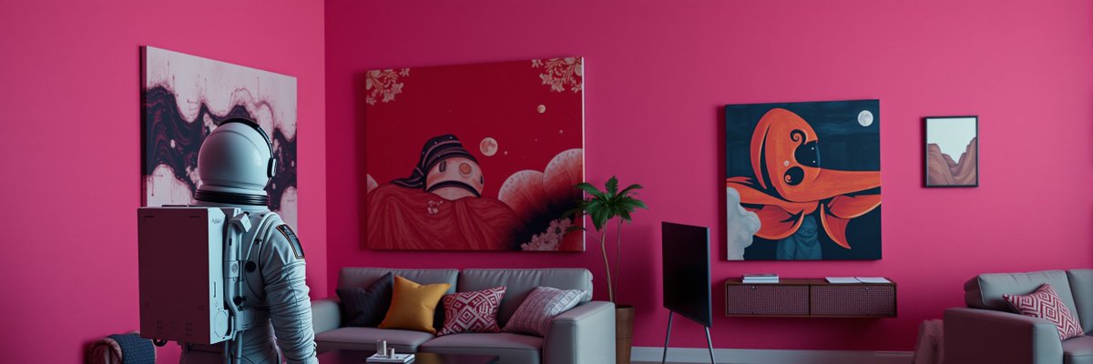 Surreal astronaut in a vibrant pink art gallery room