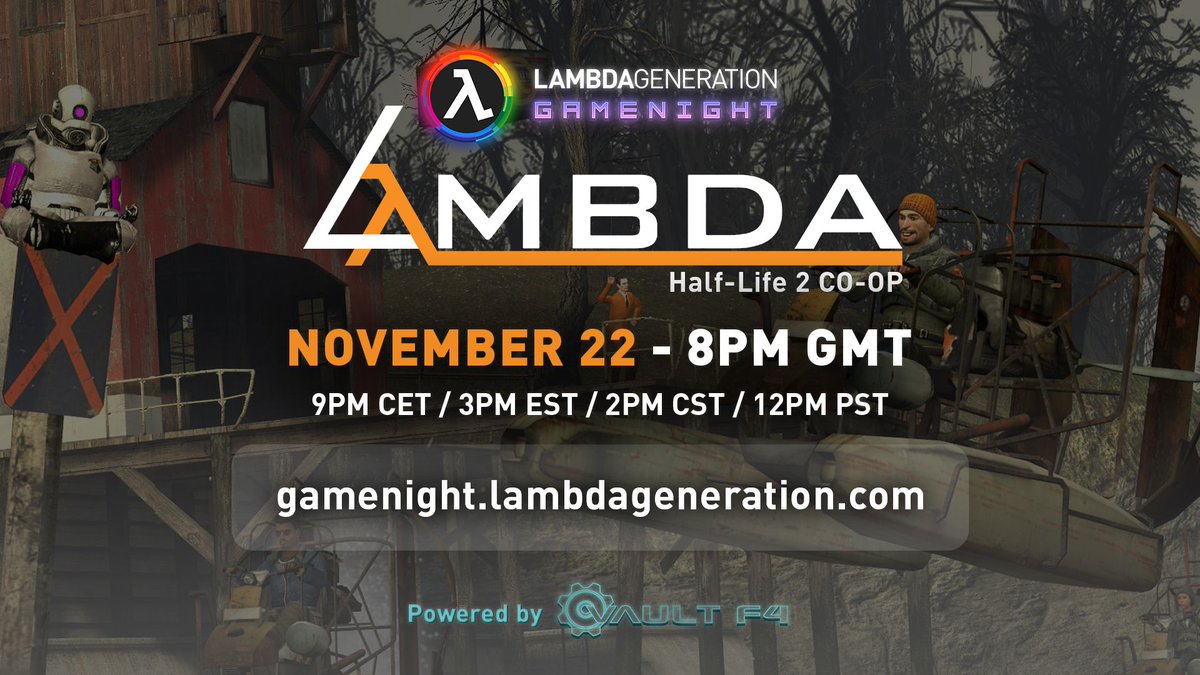 LambdaGen's tweet image. LAMBDA: HALF-LIFE 2 CO-OP - LAMBDAGENERATION GAMENIGHT 🎮

This weeks LambdaGen Gamenight, we're playing a Garry's Mod Gamemode called LAMBDA!

📆 Sat 22 November
🕖 8PM GMT / 9PM CET / 3PM EST / 2PM CST / 12PM PST
📍 Join via gamenight.lambdageneration.com
🎙 discord.lambdageneration.com