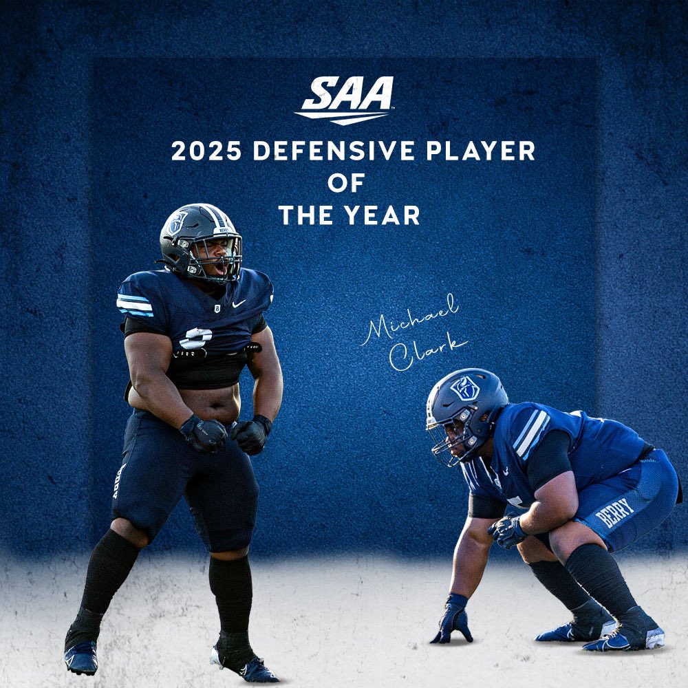 Congratulations to Sr. Nose Guard Mike Clark for being selected as Conference Defensive Athlete of the Year! This makes the 2nd consecutive year we have had a defensive player of the year in the SAA. In addition, Mike is the 4th Defensive Linemen selected for this honor at Berry!