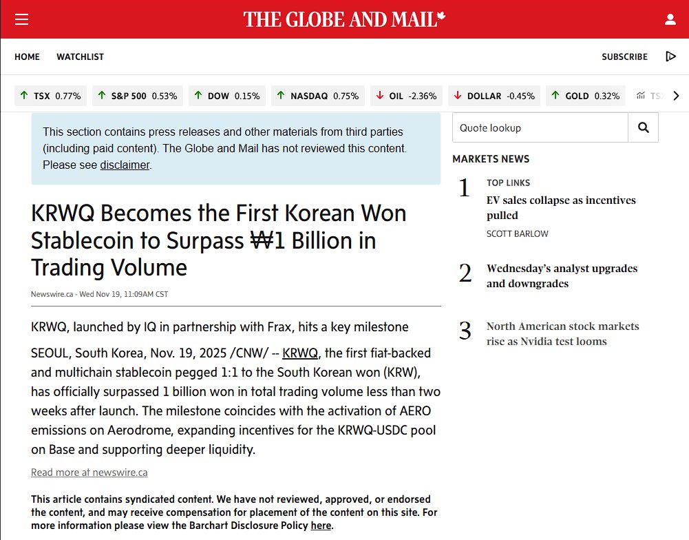 KrwqCash's tweet image. KRWQ was published in The Globe and Mail today after becoming the first Korean won stablecoin to reach ₩1 billion in trading volume.

The Globe and Mail is one of Canada's largest newspapers.
 theglobeandmail.com/investing/mark…