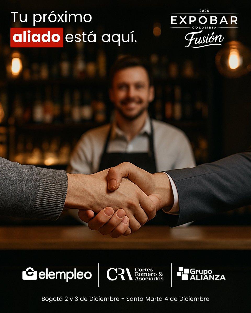 En ExpoBar 2025 no solo se reúne el entretenimiento: se reúne la industria.
Este año tendremos la presencia de aliados estratégicos como elempleo.com, Grupo Alianza y Cortes Romero Asociados, quienes acompañarán a los empresarios del sector gastronómico y nocturno con