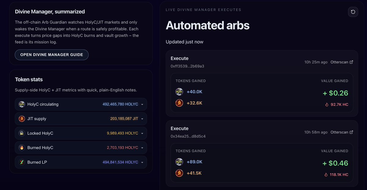 The Divine Manager: Automated deflation for HolyC:

When I shipped the Divine Compiler, the idea was simple: use a second token (JIT) to make a non-burning pump. tires coin actually deflationary. The trade-off was that someone still had to run the loop manually, watch the pools,