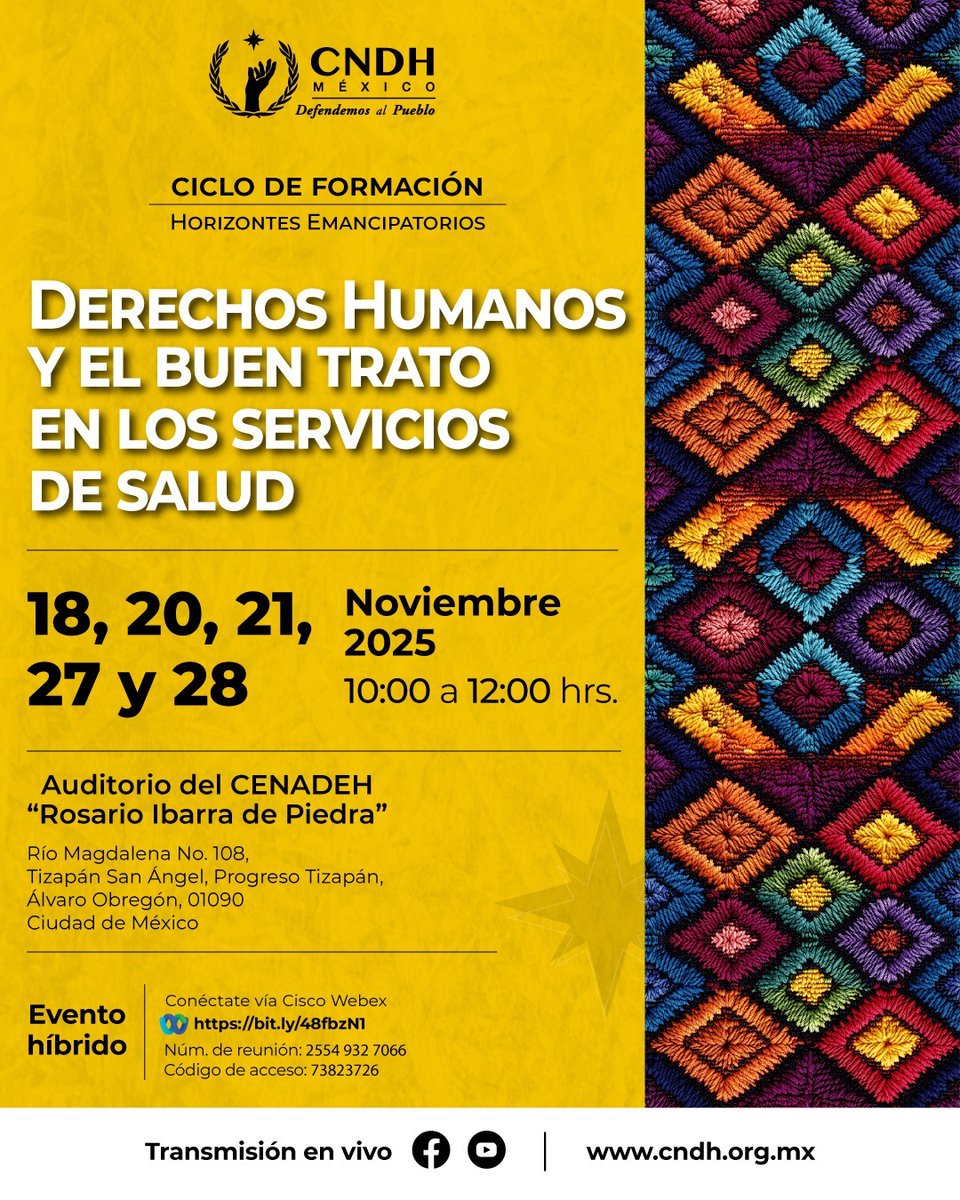 Te invitamos mañana al segundo día del Ciclo de Formación: Horizontes Emancipatorios. Derechos Humanos y el buen trato en los servicios de salud, organizado por el CENADEH.

Síguenos a través de nuestras redes sociales: 👇🏻
🔗linktr.ee/cndhmx
#DefendemosAlPueblo