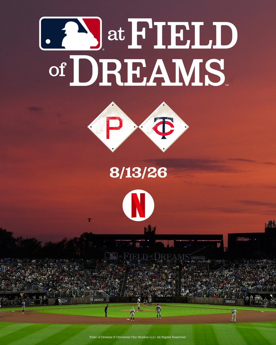 MLB's tweet image. Major League Baseball returns to Iowa with the Twins and Phillies playing in the third edition of MLB at Field of Dreams on August 13, 2026

Netflix will bring the game to fans live from Dyersville