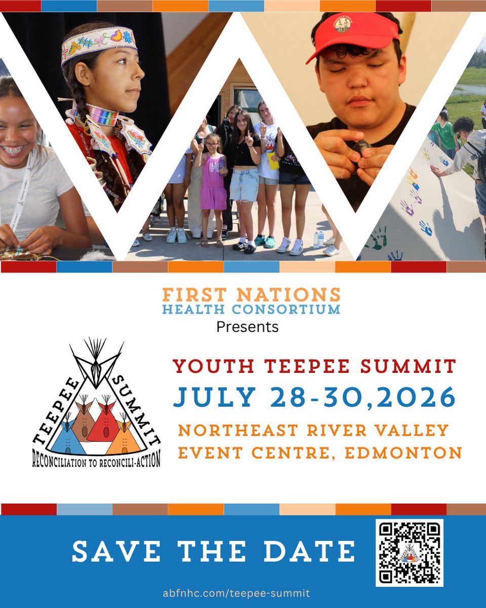 FNHCAlberta's tweet image. SAVE THE DATE! 📢The 5th Annual Youth Teepee Summit will be held on July 28–30, 2026 at the Northeast River Valley Event Centre in Edmonton. 

Mark your calendars and stay tuned for more information and registration on our website!
abfnhc.com/teepee-summit/
