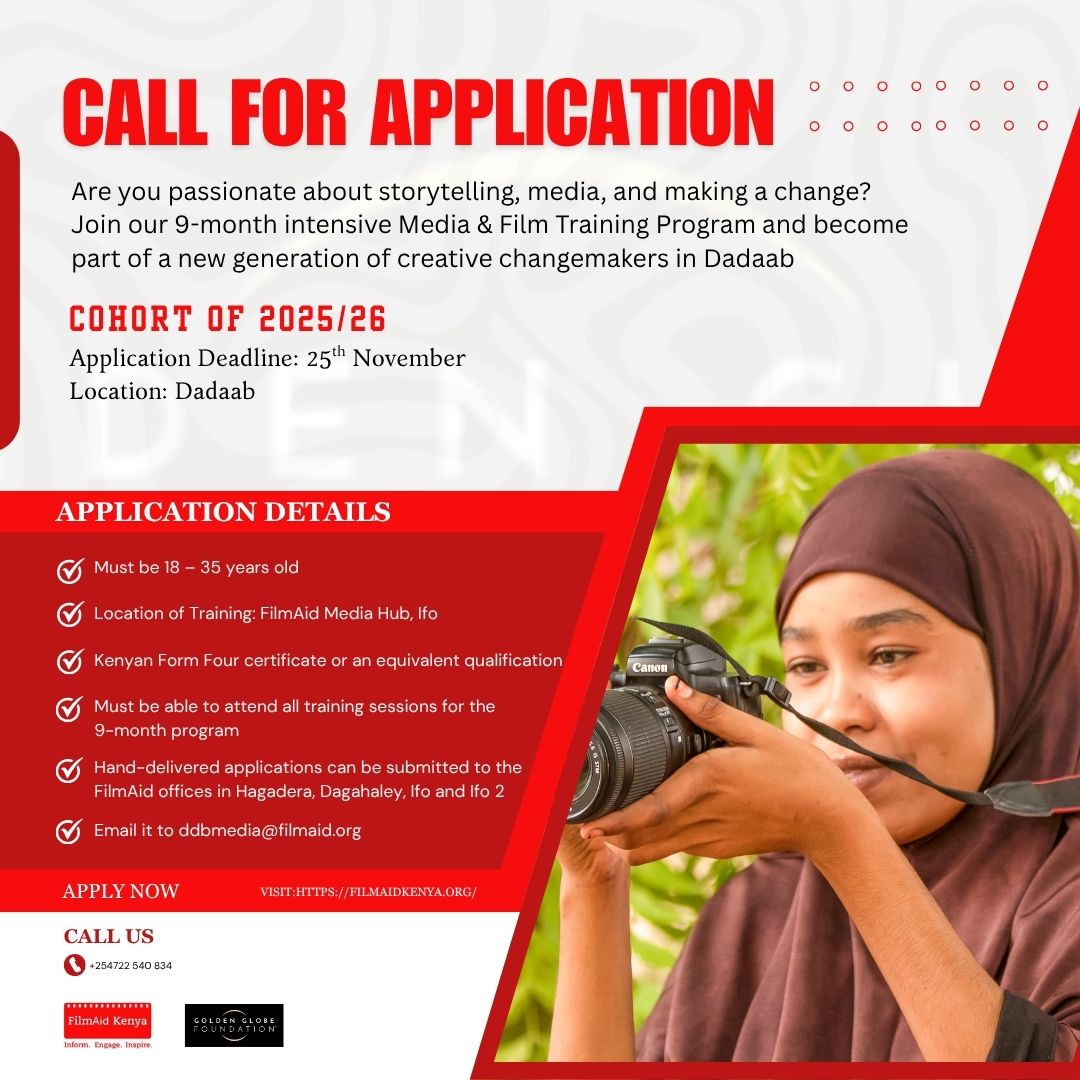 filmaidkenya's tweet image. In Dadaab FilmAid Kenya has kicked off its 10-day UNICEF-supported media Bootcamp for adolescents in Dagahaley.
Applications are now open for the @goldenglobefdn supported 9-month Advanced Media &amp;amp; Entrepreneurship Class (18–35). Apply by Nov 25 via email, phone or FilmAid offices