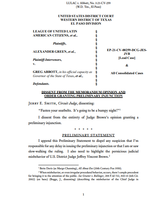 baylisswagner's tweet image. NEW: In 104-page dissent from Texas redistricting ruling, 5th Circuit judge &amp;amp; Reagan appointee Jerry Smith has accused Judge Jeff Brown of &quot;the most outrageous conduct by a judge that I have ever encountered in a case in which I have been involved.&quot; 

&quot;Fasten your seatbelts&quot;...🧵