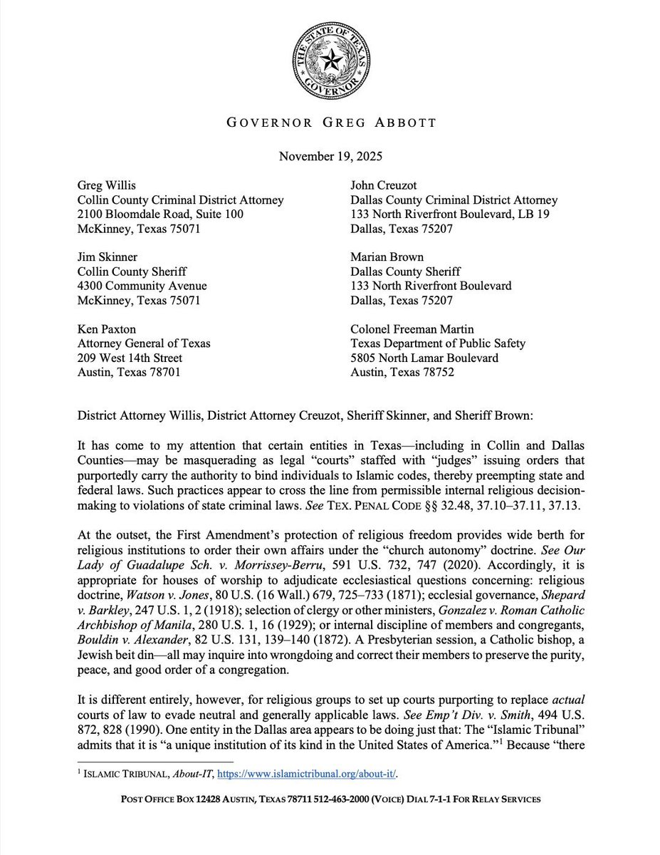 EricLDaugh's tweet image. 🚨 BREAKING: Governor Greg Abbott orders INVESTIGATION into Sharia Law courts operating all across Texas.

MASSIVELY OVERDUE!

Abbott has asked all local District Attorneys to take immediate action. They should be closed up!

 &quot;These tribunals have no legal authority in our…
