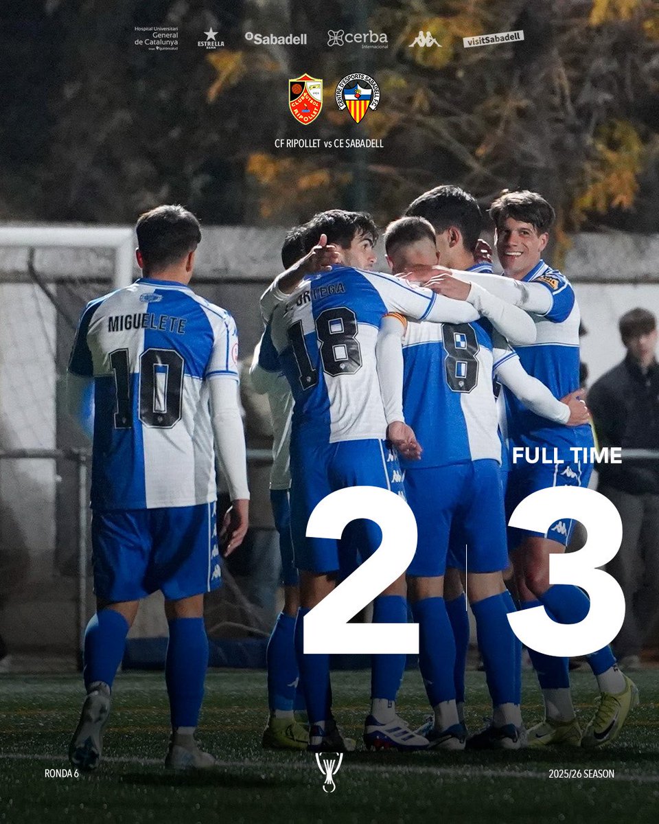 CESabadell's tweet image. 90’ | 2-3 | #RipolletSabadell

💪🏻 𝗙𝗜𝗡𝗔𝗟 𝗔 𝗥𝗜𝗣𝗢𝗟𝗟𝗘𝗧!

🏆 Passem a la següent ronda de la Copa Catalunya en un partit molt competit contra el @RipolletCF 

#AMQM